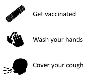Three bullet points with icons that say Get Vaccinated, Wash your hands, and Cover your cough.