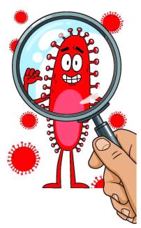Drawing of a COVID-19 virus under a magnifying glass
