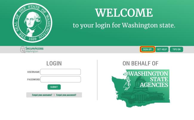 Secure Access Washington welcome screen with the sign up button highlighted.