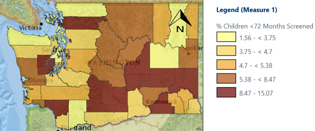 Map of Washington counties shaded by percent of children under 72 months of age that are tested for blood lead levels