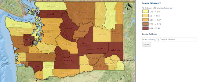 Map of Washington Counties Shaded by Percentage Childhood Blood :Lead Level