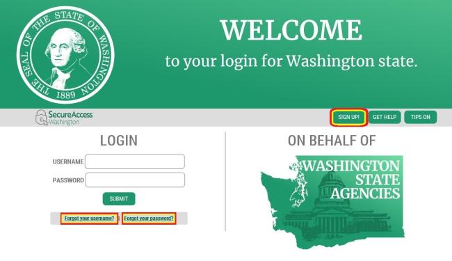 Secure Access Washington login screen with the sign up button, the forgot username button, and forgot password button highlighted.