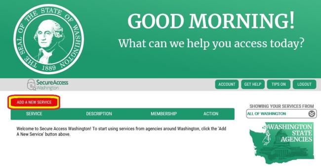 Secure Access Washington welcome screen with the add a new service button highlighted.