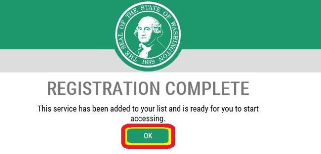 Secure Access Washington registration confirmation dialog with the OK button highlighted.