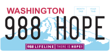 Example of Washington state license plate with 988 lifeline emblem