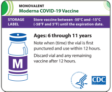 Single Moderna Monovalent – Ages 6 through 11 years label