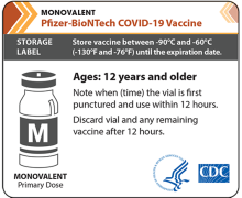 Single Pfizer Monovalent – Ages 12 years and older label