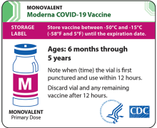 A single Moderna Monovalent – Ages 6 months through 5 years label